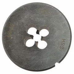 This solid die is used for cutting external threads on metal rods. It has a 1/4in-20NC thread size and a 1-1/2in outer diameter. Designed to fit Westward models 1PZ34 and 1PZ35.