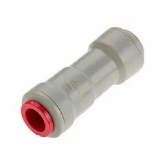 Inline acetal ball check valve with 3/8 in pipe size and push x push female connections. NSF 51 certified for use with dyes, RoHS compliant, and rated for 34°F to 150°F. Designed for vertical mounting in fluid handling systems requiring backflow prevention.