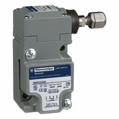 Metallic side-mount plunger limit switch with screw clamp terminals and two mounting holes. Used in industrial automation to detect position or presence of moving parts in conveyor systems, packaging machinery, and material handling equipment.