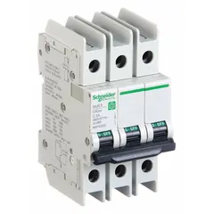 This 3-pole miniature circuit breaker is UL489 listed for DIN rail mounting and features a C-Curve trip characteristic. Rated 5 A with a maximum interrupting rating of 14 kA at 120/240 V AC, it uses screw clamp terminals for secure wiring connections. Suitable for overcurrent protection in branch circuits of commercial and industrial electrical panels.