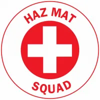 Hard Hat Label: Haz Mat Squad, 2 in Dia, English, Non-Reflective, 4 Labels, Circle, Std, Vinyl, 4 PK (MPN 49578)
