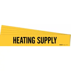 Yellow adhesive pipe marker with black legend text reading 'Heating Supply' without arrows. Fits pipe outer diameters from 2-1/2 to 7-7/8 inches. Sold in a 5-pack. Used to identify heating supply lines in piping systems.