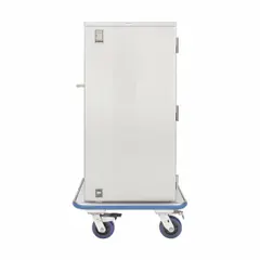 Stainless steel surgical case cart with silver finish, equipped with two swivel and two total locking casters for mobility and secure positioning. Used in medical facilities for transporting and storing sterile instruments and supplies.