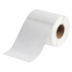 White matte-finish precut label roll for use with Brady J2000 printer series. Label width 4 1/8 in, label height 6 1/8 in, roll length 6 3/32 in. Suitable for industrial labeling tasks such as asset identification, cable marking, and component labeling in manufacturing and facility maintenance environments.