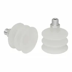 This bellows type vacuum pad assembly features 2.5 folds and a 55 mm pad diameter. It has a G1/4 inch vacuum port and is made of clear material. Suitable for automated pick-and-place systems handling food products and packaging.