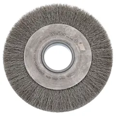 Crimped stainless steel wire brush for light cleaning on stainless steel surfaces. Removes surface contaminants, light rust, and oxidation without cross-contamination. Commonly used in metal fabrication, welding preparation, and general maintenance. Features a 6-inch diameter, 1 1/4-inch width, 2-inch arbor, and 0.006-inch fill.
