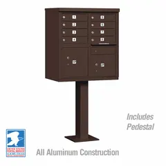 Horizontal multi-unit mailbox with 10 lockable front-access doors, measuring 62 in H x 30 1/2 in W x 18 in D. Pedestal mounting allows centralized mail distribution in multi-tenant residential or commercial settings.