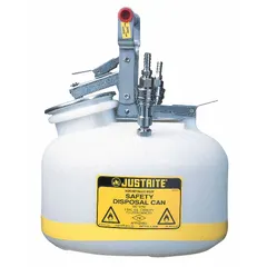 This HPLC waste can is constructed of polyethylene with stainless steel fittings and an EDPM seal. It is designed for the safe collection and containment of waste solvents from high-performance liquid chromatography systems in laboratory settings.