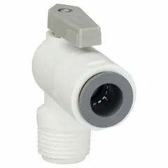 This Parker ball valve features a polypropylene angle body with one-piece construction and a lever handle. Connections are 1/2-inch Push x MNPT. It is used for on/off flow control in low-pressure fluid handling systems where chemical resistance is required.