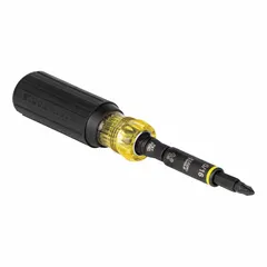 Combination multi-bit screw and nut driver with 1/2 in drive size for use with impact drivers. Includes seven tips: Nut Driver, Phillips, Slotted, Square, and Torx. Suitable for fastening screws and nuts in electrical, construction, and maintenance tasks.