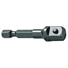 This power socket adapter converts a 1/4" male hex drive to a 3/8" square drive for use with impact tools. It has an overall length of 4 inches and an oiled finish for corrosion resistance. Suitable for industrial fastening and assembly applications requiring reliable torque transfer.