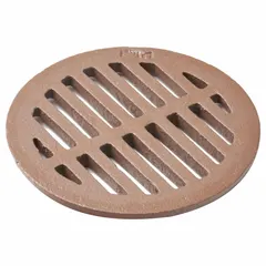 This round cast-iron floor drain grate is designed for light-duty Class A applications in areas such as basements, utility rooms, or light manufacturing zones. It features a Duco-Coated brown finish and measures 7 7/8 inches in overall diameter with a 3/4-inch overall height. The grate serves as a strainer to catch debris in floor drains.