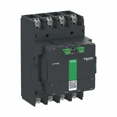 Non-reversing IEC contactor with 4 normally open poles rated at 265 A. Coil accepts 240V AC or 480V AC. Features spring-loaded wire termination; no integrated surge suppression. Used for switching power circuits in motor control, lighting, and heating applications.
