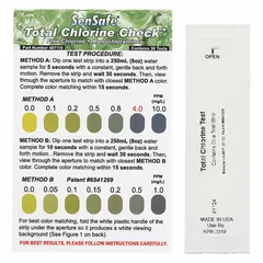 Single-parameter test strips for measuring total chlorine in water. Each pack contains 30 strips with a measurement range of 0 to 10 ppm using Method A. Suitable for monitoring chlorine levels in industrial water treatment, cooling towers, and sanitation applications.