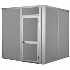 Unassembled sound-reducing enclosure with steel-covered drywall walls and a Sound Transmission Coefficient of STC 34. Provides a 60 sq ft interior area within an 8 ft x 8 ft x 8 ft footprint. Designed for industrial noise control applications such as enclosing compressors, pumps, or generators.