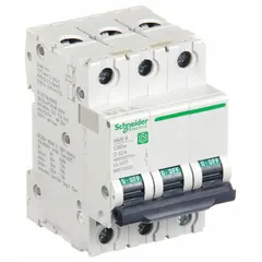 This 3-pole supplementary protector from the C60SP series features a D-curve trip characteristic for high inrush loads. Rated 32 A at 240/415/440 V AC with a maximum interrupting rating of 14 kA at 240 V AC. Screw clamp terminals for secure wiring. UL1077 listed for use in industrial control panels, HVAC equipment, and lighting circuits.