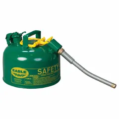 This EAGLE Type II Safety Can is designed for dispensing and storing oil in industrial environments. It has a 2 1/2 gallon capacity and includes a 5/8 inch outer diameter hose. The green finish aids identification. Typical applications include maintenance shops and manufacturing facilities where lubricants are handled.