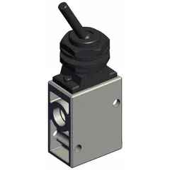 This SMC VM230-02-08A is a 3-port manual air control valve with a toggle actuator. It has a 1/4-inch port size and a maximum operating pressure of 1 MPa. Used in pneumatic systems for directing compressed air flow, it is suitable for applications requiring hand-operated air switching.