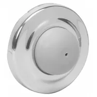 Wall-mounted door stop designed to protect walls and doors from impact damage. Made of stainless steel with a gray finish, measuring 2-1/2 inches wide by 2-1/2 inches overall height. Suitable for use in commercial and industrial facilities where doors swing open against walls