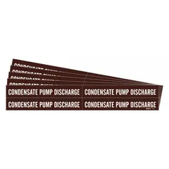 Brown adhesive pipe marker with white legend reading 'Condensate Pump Discharge'. Fits pipe outer diameters from 3/4 to 2-3/8 inches. Pack of 5 markers without arrows. Used to identify pipes carrying condensate discharge in HVAC, boiler, and steam systems.