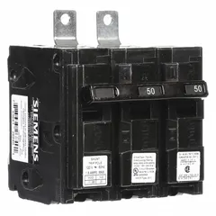 Bolt-on miniature circuit breaker rated 50 A at 120/240V AC, single-phase, 2-pole, with shunt trip. Maximum AIR rating 10kA at 120/240V AC. Designed for use with Siemens P1 panelboards. Provides overcurrent protection and remote tripping capability in electrical distribution systems.