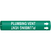 Snap-on pipe marker for identifying plumbing vent lines. Green background with white legend and directional arrows. Fits pipe outer diameters from 1-1/2 to 2-3/8 inches. Suitable for use in industrial and commercial facilities to label vent pipes in plumbing systems