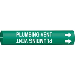 Snap-on pipe marker for identifying plumbing vent lines. Green background with white legend and directional arrows. Fits pipe outer diameters from 1-1/2 to 2-3/8 inches. Suitable for use in industrial and commercial facilities to label vent pipes in plumbing systems.