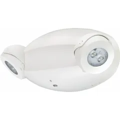 This LED emergency light provides backup illumination during power outages. It operates on 120 to 347 V AC input, with a 3.15 W lamp watt and 11 W emergency watt. The unit is damp location rated, remote capable, and features self-diagnostics and adjustable lamp heads. The white thermoplastic housing is designed for surface wall mounting.