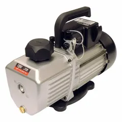 Two-stage refrigerant evacuation pump with 12 cfm displacement and 25 micron ultimate vacuum. Operates on 120V AC with 5-15P plug and male SAE connections. A2L-compatible for use with mildly flammable refrigerants. Suitable for deep evacuation of HVAC and refrigeration systems.
