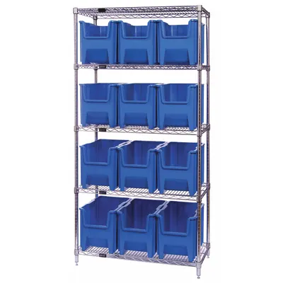 QUANTUM STORAGE SYSTEMS Bin Shelving: 36 in x 18 in x 74 in, 1 Sided, 12 Bins, Open, Blue - Wire Stationary Bin Shelving with Open-Front Bins