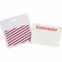White vinyl clip-on badge for personnel identification. Card height 2 in, width 3 in. White legend on white background. Pack of 500. Suitable for access control and identification in industrial environments.