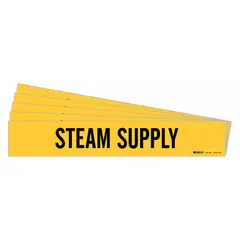 Yellow adhesive pipe marker with black legend reading 'Steam Supply'. Designed for pipes with outer diameter of 8 inches and larger. Pack of 5 markers without arrows. Used to identify steam supply lines in industrial piping systems.
