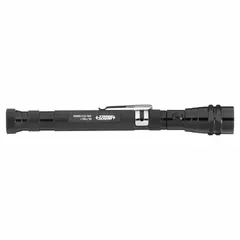 This illuminated magnetic pickup tool features a flexible, telescoping stainless steel shaft and a stainless steel magnet. It is designed for retrieving ferrous metal objects from confined or hard-to-reach spaces, such as in automotive, manufacturing, and maintenance environments.