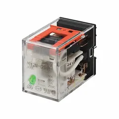 Socket-mounted relay from the MY-GS series with a square base and 14 flat pins. Features a 4PDT contact configuration rated at 6 A at 30V DC and 3 A at 220V AC inductive load. Coil voltage is 24V AC. Suitable for switching multiple loads in industrial control circuits and automation systems.
