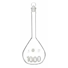 Colorless conical volumetric flask with 1000 mL capacity, tolerance ±0.30 mL, and overall height 335 mm. Meets USP Type I specifications. Includes closure and compatible with stopper size 22. Used for precise liquid measurement and preparation of standard solutions in analytical chemistry and laboratory applications.
