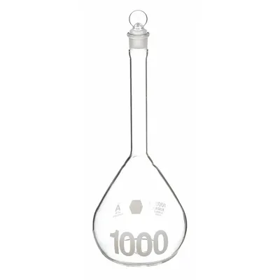 KIMBLE Volumetric Flask: 1 L, Colorless, Conical, A, +/-0.30 mL, Includes Closure - Glass Volumetric Flasks