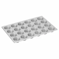 This 24-slot cupcake pan is made of aluminized steel with a silver finish. It measures 14 1/8 inches overall width and is constructed from 26 gauge material. Suitable for baking standard-sized cupcakes or muffins in commercial or high-volume kitchens.