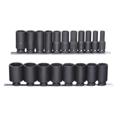 This 19-piece SAE impact socket set includes sockets ranging from 3/8 in to 1-1/2 in with a 1/2 in drive size. Designed for use with impact wrenches, it is suited for tightening and loosening standard fasteners in automotive repair, heavy equipment maintenance, and industrial assembly.