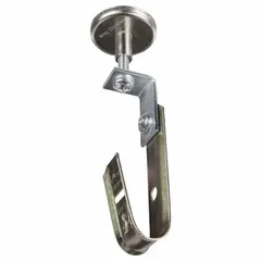 Mild carbon steel J-hook with yellow finish for overhead cable or conduit support. Magnetic top mount attaches directly to steel beams without drilling. Rated for 17 lb maximum load. Suitable for temporary or permanent routing in industrial environments.