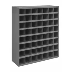 This lipped fixed-size compartmented shelving unit is constructed from steel with a gray powder-coated finish. It contains 56 fixed-size compartments for organizing small parts, documents, or supplies in industrial, warehouse, or office environments.