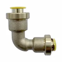 This removable brass push-to-connect tube fitting connects two tubes at a 90-degree angle. It accepts 1/4 in OD and 3/8 in OD tubing, enabling tool-free assembly in pneumatic or fluid systems. Suitable for use in industrial machinery, instrumentation, and control panels