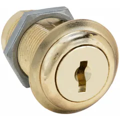 Keyed cam lock with master keying capability, constructed from zinc die-cast and brass. Features a quarter-turn clockwise unlock action. Commonly used in cabinets, enclosures, and panel doors requiring controlled access.