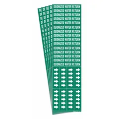 Green adhesive pipe marker with white legend reading 'Deionized Water Return' for pipes with outside diameter of 3/4 in and smaller. Includes directional arrows. Supplied in a 5-pack. Used to identify deionized water return lines in industrial piping systems.