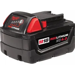 This MILWAUKEE M18 battery delivers 4 Ah capacity at 18 VDC for extended runtime across the M18 tool system. The lithium-ion pack is compatible with all M18 tools and chargers, suitable for construction, maintenance, and industrial applications requiring consistent power.