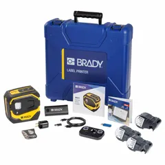 Portable printer for cable and wire labeling in industrial settings. Prints labels up to 1-1/2" wide. No wireless connectivity. Includes carrying case, battery, and Brady Workstation Basic Design Suite software for on-site label creation.
