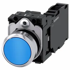 Momentary-action flush-mount push button from the Siemens 3SU series. Features a non-metallic operator with a 22 mm flush profile and 1 normally open and 1 normally closed contact. Suitable for control panel applications such as start/stop or selector functions in industrial automation and machinery.