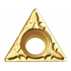 This triangle (T) indexable turning insert is made of carbide and features a TPMT geometry. It is designed for turning operations on lathes, suitable for general machining tasks requiring precision metal cutting.