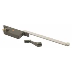 This left-hand crank window operator is designed for casement windows, mounting on the frame. It includes a handle and features a bronze painted finish with a 4 3/4 in base length. The operator enables smooth opening and closing of outward-swinging windows.