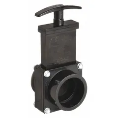 ABS gate valve with rising stem and solid polypropylene wedge, operated by a handwheel. Slip x slip connections for 1 1/2 in pipe. Rated for 45 psi CWP. Suitable for controlling dry materials in pneumatic conveying, dust collection, and gravity-fed systems.