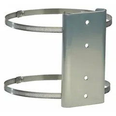 Fixed television mount for pole mounting. Constructed of stainless steel with a powder-coated silver finish. Offers 0° swivel. Suitable for securing televisions to poles in commercial or industrial settings.